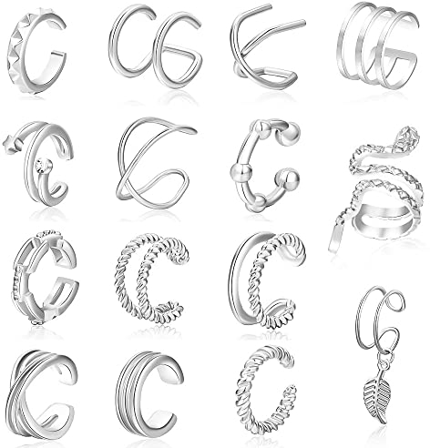 fdsmall 15pcs Ohr Manschette Helix Knorpel Ohr Manschette Knorpel Ohrring Kein Piercing 14K Gold Einfache Criss Cross Doppellinien Einstellbare Minimalistische CZ Wrap Ohrringe (Silver)