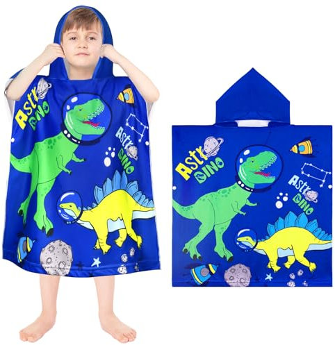 NEWIROVE Handtuch Poncho Kinder 4-10 Jahre, Kapuzenhandtuch Kinder Ultradicke Mikrofaser Handtuch Kinder Seifenblasen-Dinosaurier Strandponcho Ultra Saugfähig Badeponcho Für Mädchen Jungen (70x150CM)