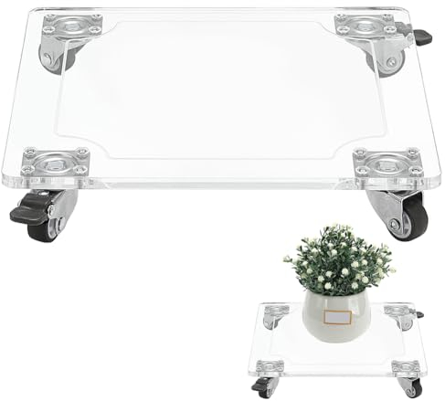 BENECREAT Acrylic Plant Caddy Heavy Duty 30Kg /66lbs Capacity, 25x25cm Square Clear Plant Pots Stands with 4 Rubber Wheels, Lockable Plant Stand for Indoor Outdoor Planter Display