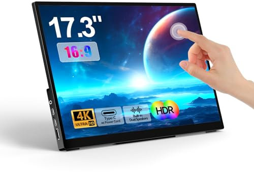 Pantalla táctil portátil de 17.3 pulgadas, 4K UHD 3840 × 2160, carcasa de metal 100% NTSC, vidrio templado, soporte de altavoz dual y funda USB-C HDMI HDR Freesync Plug & Play para PC Mac teléfono