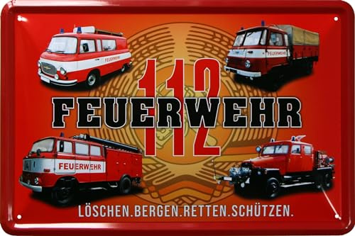 WOGEKA ART Retro Blechschild - DDR Feuerwehr Fahrzeuge - Nostalgie Deko Schild 20x30 cm als Geschenk-Idee für Ossis Metallschild 947