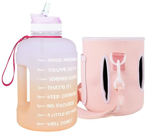 QuiFit 3.78/2.2 Litre Motivational Water Bottle - with Straw & Time Marker,Wide Mouth,BPA Free,Reusable,Ideal for Gym,Outdoor Sport,Home & Office (Light Purple/Orange with Sleeve, 2.2 Liter)