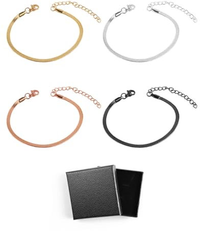 HSIXHAF 4 PCS Braccialetto di Osso di Serpente, Bracciale Unisex Donna Uomo Piattina Lunghezza Regolabile Quadrifoglio Portafortuna Acciaio, Oro, Argento, Nero, Oro Rosa