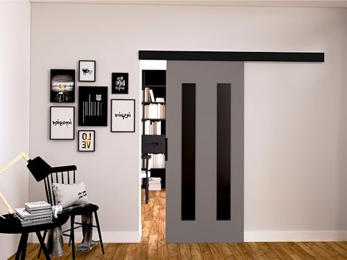 MINIO go for it - Schiebetüren 76 cm, Schiebetür Zimmertür PRIM H, Schiebetürsystem für Zimmer, Dekorative Elemente, Wandmontage, Türe Innen - Schwarz/Schwarzer Griff, Grau/Schwarz