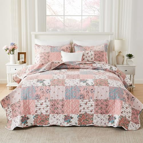 Qucover Tagesdecke 230x260 Rosa, Tagesdecke Patchwork Bunt aus Mikrofaser Bettüberwurf Doppelbett Set mit 2 Kissenbezüge Leichte Sofadecke bei Ultraschall genäht im Landhausstil