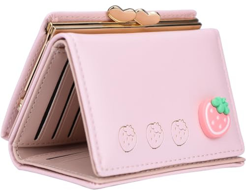 Farcauo Geldbörsen Frauen Portemonnaie Damen Pinke Erdbeer Geldbörse für Frauen Klein Portmonee mit Ausweisfach und Kartenhüllen