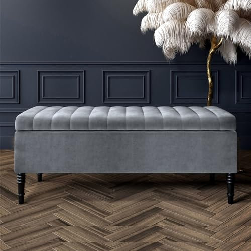 Safar Striped Ottoman Storage Bench, End of Bed Bench with Legs, Entryway Bench with Storage, Shoe Storage Ottoman Box, Rectangle Storage Footstool (Grey Velvet, 4ft6 (137x40x50)CM)