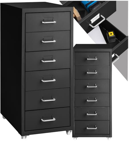 TecTake® Cajonera con Ruedas de Metal, 6 Cajones para Almacenamiento, Oficina y Despacho, Cajonera Escritorio, Cajonera Armario Interior, Armario Bajo - Negro