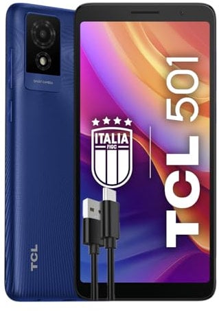 TCL 501 - Smartphone 4G 32GB, 2GB de RAM, pantalla de 6 qHD, Android 14 GB Edition, cámara 5Mp, batería 3000mAh, Dual Sim, memoria extensible 1 TB, batería - cargador USB-C añadido, azul glaciar