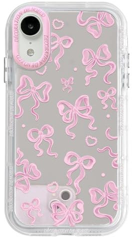NITITOP Compatible with iPhone XR Case Cute Mirror Bow Love Heart Pattern for Women Girls Ribbon Design Shockproof Silver Protective Phone Cover - Pink Bow