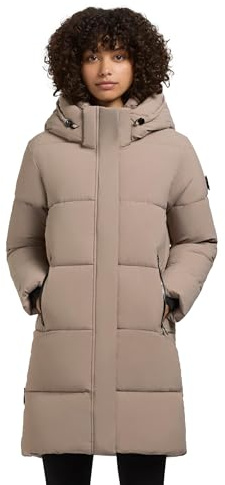 khujo Damen Mantel lange warme Steppjacke mit abnehmbarer Kapuze und magnetischer Abdeckleiste Haya Matt-YM Greige Gr. S