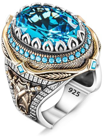 TAKILINGO Aquamarin Edelstein 925 Herren Silberring, Handgemachter Original Großer Aquamarin Stein Türkis Herren Silberring (64)