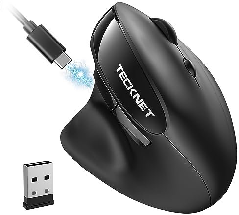 TECKNET Souris Ergonomique sans Fil, 2.4GHz Souris Verticale 6 Boutons sans Fil Rechargeable, 2400DPI Réglables, Souris Ergonomique Silencieuse pour Ordinateurs, Portables, Mac, PC, Windows, Noir
