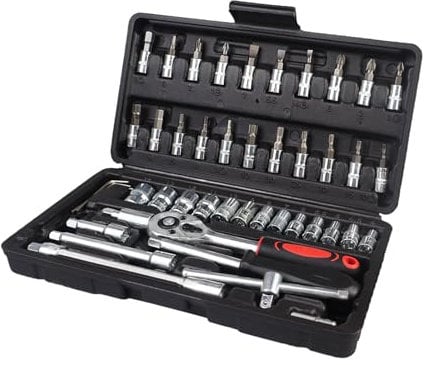 CYH 46 in 1 Socket Set, 1/4 Drive Socket Set, 24 Teeth Quick Release Ratchet Wrench Set with Extension Bar, Screwdriver Bit, Spinner Handle, Universal Joint, Bit Adapter Sliding Bar, L-Allen Wrench