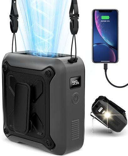 Portable Waist Fan Clip on Belt Under Shirt w/LED Display & Flashlight, 8000mAh Battery Powered, Rechargeable 5-Speed 14600RPM Personal Cooling Fan for Construction, Warehouse, Outdoor Jobsite,Black