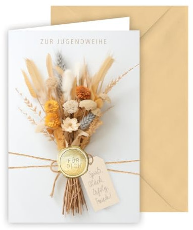 KE - Elegante Karte zur Jugendweihe, Grußkarte zur Jugendfeier, sandbraun, mit Umschlag, kleine Folienprägung in gold, Format: B6 - Motiv: Strauß Trockenblumen mit Siegel