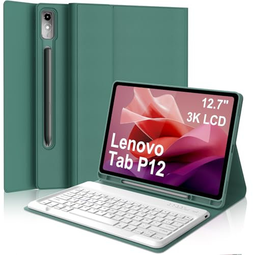 WAVATA Clavier pour Lenovo Tab P12 12.7 2023, Étui Clavier pour Lenovo Tab P12 2023 Magnétique Amovible Français Bluetooth AZERTY Layout, Vert foncé