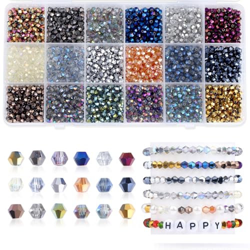 AWARDSEN 1800 Stück Glasperlen für Armbänder 4mm Perlen Zum Auffädeln Bicone Facettierte Kristallperlen Bastelperlen DIY Machen Set Lose Kandi Beads für Schmuck Basteln(Electroplated Color)