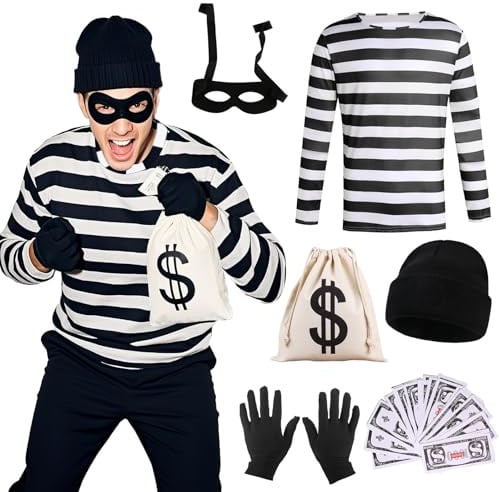 Xerteam Räuber Kostüm Erwachsene, Bankräuber kostüm, Faschingskostüm-Set, Erwachsene Räuber Dieb-Outfits mit Gestreiftem Oberteil Augenmaske Handschuhe Segeltuch Tasche Hut für für Halloween Karneval