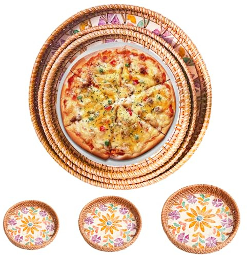 Joyeee Set of 3 Round Woven Stackable Tray Rattan Bread Baskets for Decoration Keys Wallet Mobile Phone Table Stand Decorative Food Holder