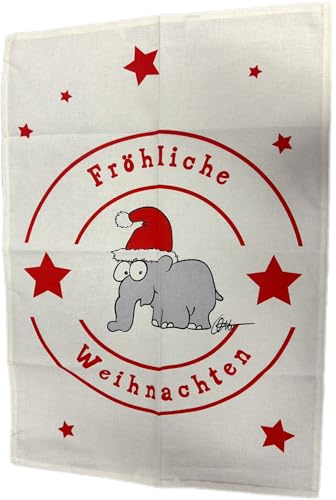 osters muschel-sammler-shop Ottifant Halbleinen Geschirrtuch, 50 x 70 cm, Weihnachtsmotiv mit Sternen, Weiß/Rot