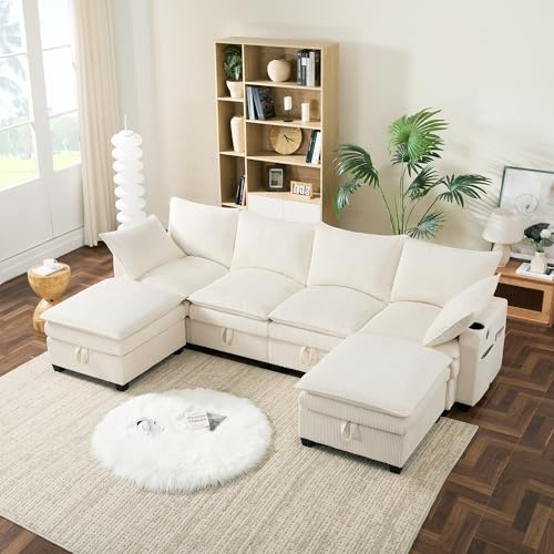 Sapgaks Canapé 4 Places Moderne en Velours côtelé avec revêtement,Repose-Pieds Amovible,Ports USB et Compartiments de Rangement,canapé modulable en L/U,canapé d'angle (H-Beige)