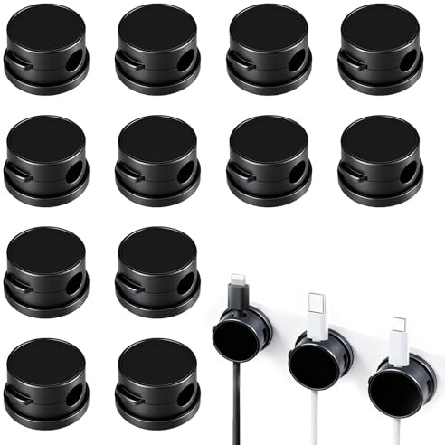 12 Pcs Desk Cable Tidy Clips Self Adhesive Wire Management Holder | Plastic Magnetic Clip USB Charger Cord Organizer for Home Office Car Bedside Table Accessories Black