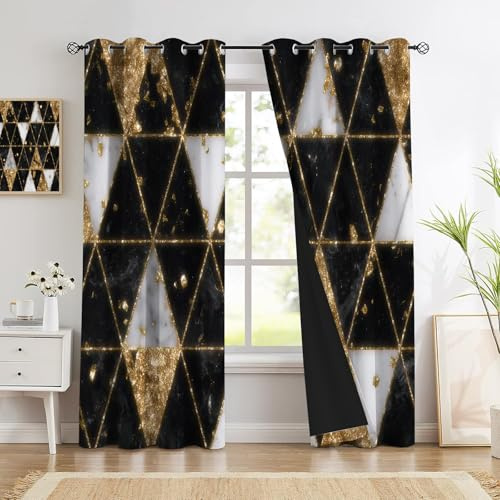 CAEITLRSO Dreieck Fliese Vorhänge, Marmorstruktur, Raumverdunkelung, Geräuschreduzierung Dekoration Fensterpaneel-Set für Wohnzimmer, Esszimmer, Schlafzimmer (Paar), H 214 x B 91.5 cm, Schwarz Gold