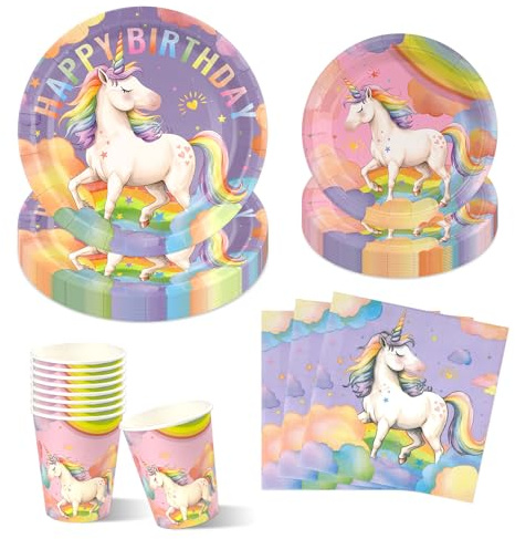 96Pcs Unicorn Birthday Party Plates Cups and Napkins, 7 and 9 Disposable Rainbow Paper Plates, Party Tableware Set Serves 24 Guests for Rainbow Unicorn Birthday Celebrations and Table Decorations