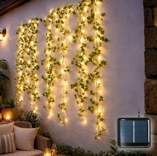 Lunartec Lichterkette Terrasse: LED-Solar-Efeu-Lichterkette mit 120 LEDs, 8 Modi, 12 Meter, IP44 (Solar Garten, Efeugirlande)