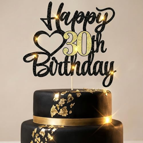 Happy 30th Birthday Cake Topper - Black Gold Glitter Party Decorations for Adults - Elegant Cake Decor with Stick & Glue Dots - Non-Edible Cake Accessories