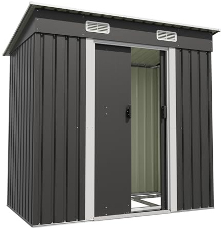 Devoko Metall Geräteschuppen 196x122x182cm mit Fundament, 3.6m³ Gerätehaus mit Pultdach und Schiebetür, Outdoor, Wetterfest, Gartenschuppen für Fahrrad,Terrasse, Rasen, Anthrazit