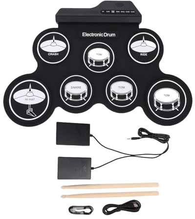 Sxhlseller Tragbares Elektronisches Schlagzeug, Aufrollbares Silikon-Schlagzeug mit 7 Drum-Pads, Eingebautem Lautsprecher, 5 Drum-Tönen, 8 Demo-Songs, MP3-Eingang, Drumsticks, Fußpedal für Kinder