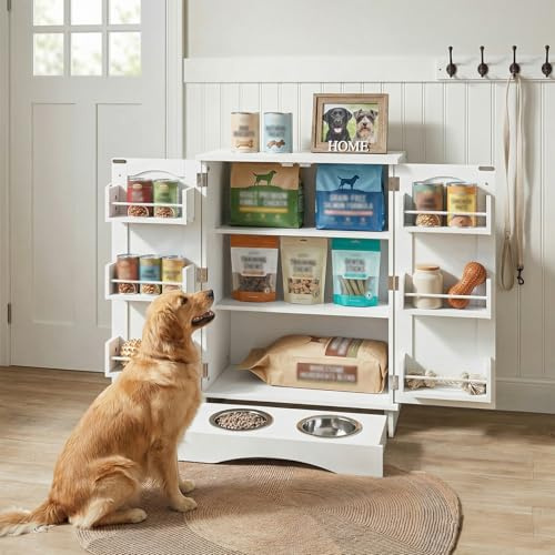 VITA VERO 80.5 H Dog Feeding Station with Storage | Pet Food Storage with Adjustable Shelves,2 Elevated Bowls,Hooks Stickers,Hidden Feeder Station Organizer for Cats and Dogs