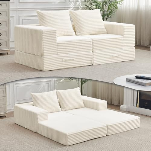 Vamcheer 2-Sitzer Schlafsofa Ausziehbar 180cm Beige | Vollschaum-Füllung, weicher Flanellbezug, inklusive 2 Kissen, OEKO-TEX zertifiziert, für Wohnzimmer und Gäste