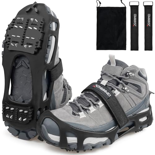 Ice Cleats, Crampons Snow Traction Ice Cleats for Shoes and Boots Women Men, Non Slip Grippers Spikes for Shoes with Straps, Slip-on Rubber Overshoe Stretch Footwear for Winter Walking Hiking Fishing