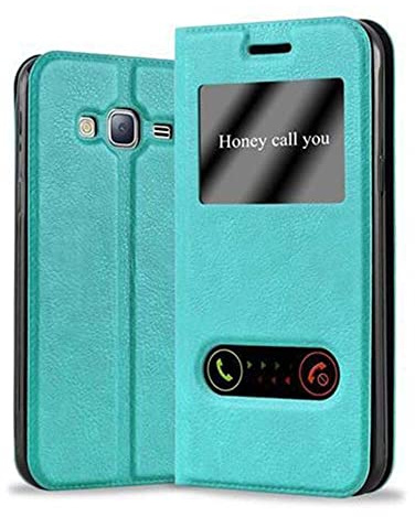 Cadorabo Hülle kompatibel mit Samsung Galaxy J3 2016 in Mint TÜRKIS - Schutzhülle mit Magnetverschluss, Standfunktion und 2 Sichtfenstern