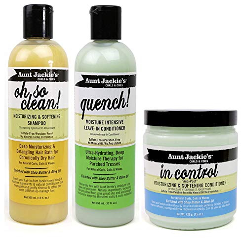 Aunt Jackie‘s Curls & Coils|3er-Set|Shampoo „Oh so Clean“, 355 ml|Leave-In-Spülung „Quench“ für intensive Feuchtigkeit, 355 ml | Feuchtigkeitsspendende Spülung „In Control“ für weicheres Haar, 426 g