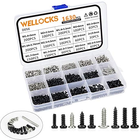 WELLOCKS Mini Screw 1630 PCS M1.4 M1.64 M1.7 M2 M2.3 High Precision Self-Tapping Screws Micro Screws, Tiny Electronic Screws Assortment Kit Carbon Steel for Mouse and Keyboard Repair (D056)
