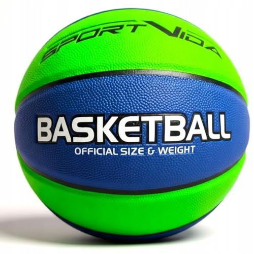 SportVida Basketball Offiziell Größe 7, PU-Material, Trainings- und Spielball für Halle und Outdoor, 24 cm Durchmesser, Weiche Schaumschicht (Grün und Blau)