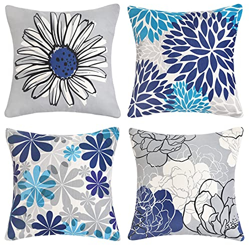 Cheekywares Kissenbezug Blau 45x45 Sofakissen Kissenhülle Füllung Sommer Leinen Dekokissen Couchkissen Blume Kissenhüllen Modern Abstrakt für Garten Zuhause Sofa Couch Kopfkissenbezug 4er Set