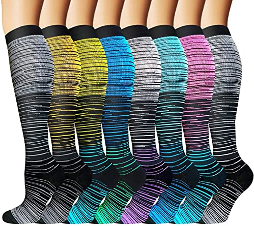 beusilay Chaussettes de Compression(3/8 Paires) pour Hommes et Femmes (15-25 mmHg)-pour Sportifs,Voyage en Avion,infirmiers,course,Entraînement,Exercice,Fitness (S-M, Gradual Change(8 pairs))