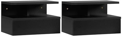 HOMCOM Juego de 2 Mesitas de Noche Flotantes Mesitas de Noche Colgantes con 1 Cajón y Estante Abierto para Dormitorio 35x32x22,5 cm Negro