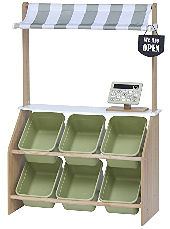 Teamson Kids Little Helper Pretend Play Holzmarkt Lebensmittelständer Rollenspiel-Spielzeug-Set für Kinder mit interaktiven Funktionen & 6 Zubehör Grün TD-13638A