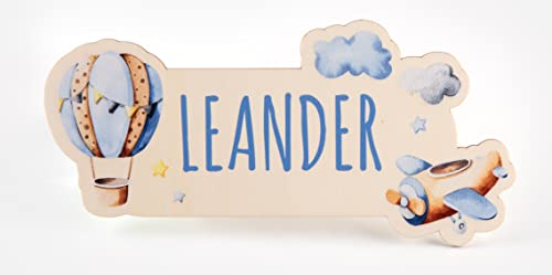 Personalisiertes Kinderzimmer Türschild 'Himmel' aus Holz, Propellerflugzeug & Heißluftballon, Kinder Namensschild, ca. 25 x 12 cm