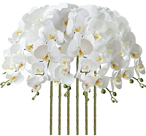 FagusHome 6 Stück Künstliche Phalaenopsis Blumen Weiß 80cm Künstliche Orchideenblumen Stammpflanzen für Wohnkultur (Weiß)