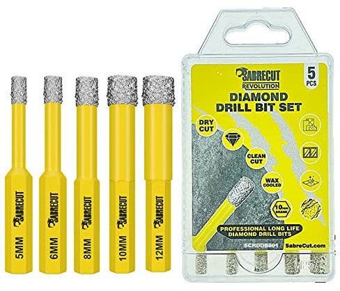 5 x SabreCut SCRDDB001 5mm 6mm 8mm 10mm and 12mm Quick Change Long Life Self-Cooling Self Sharpening Diamond Drill Bits for Cement Porcelain Granite Marble Compatible with Bosch Dewalt and Others