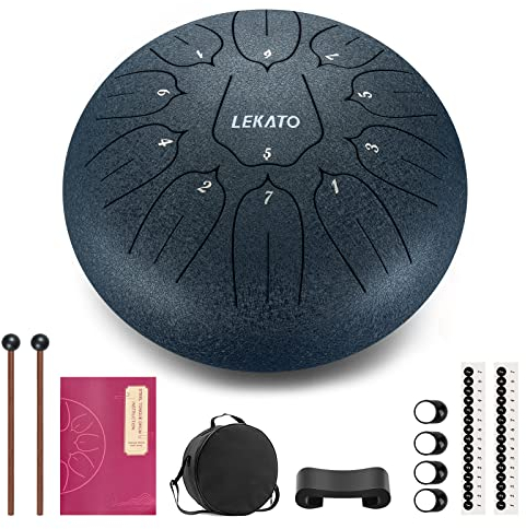 LEKATO Steel Tongue Drum, 10 Zoll 11 Tone D-Dur Zungentrommel Schlagzeug, Steel Pan Töne Schlaginstrument Hand Pan Drum für Meditation Yoga Klangheilung, Navy Blau