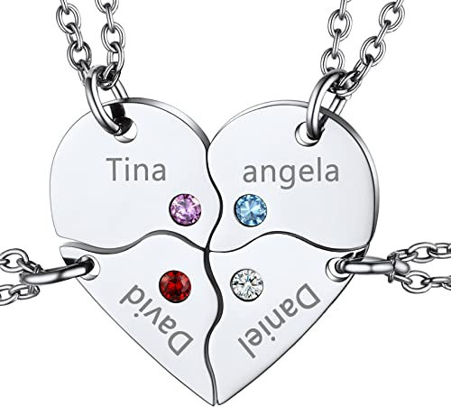 Women's Matching Heart Puzzle Necklace Personalised, Stainless Steel Best Friends Friendship Necklaces for 4, Engraved Birthstone Jigsaw Necklace for Ladies Mum