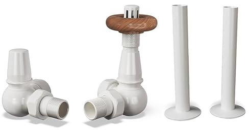 UK Radiators White Thermostatic Radiator Valves and Corner Lockshield Valve - Gloss White Finish - Traditional Design 1/2 x 15mm Corner Radiator Valves with 130mm Pipe Sleeves